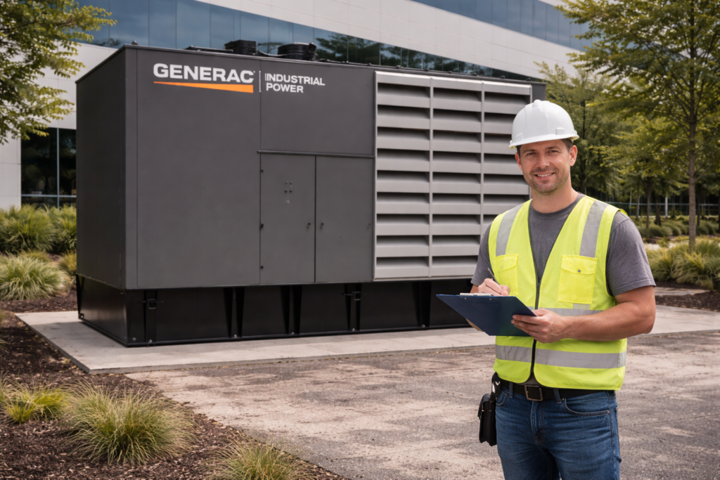 Licensed electrician installing commercial Generac generator in Montana